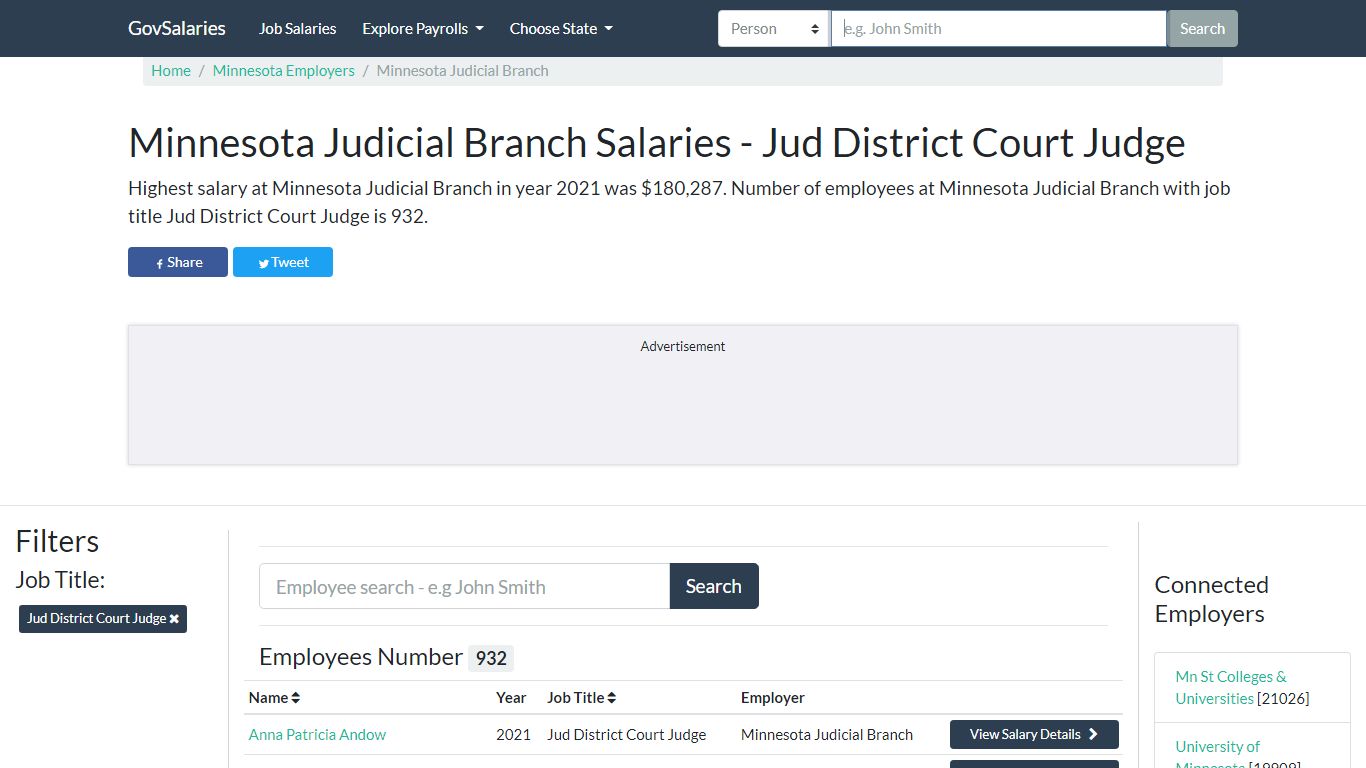 Minnesota Judicial Branch Salaries - Jud District Court Judge